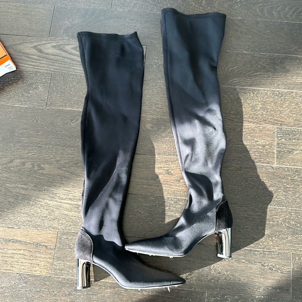 Zara Black Heeled Boots with Silver Heel